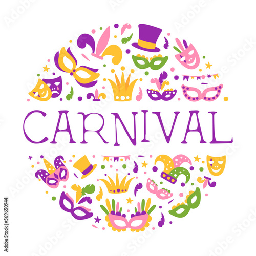 Bright Mardi Gras or Fat Tuesday Carnival Celebration with Mask and Feather Arranged in Circle Vector Template