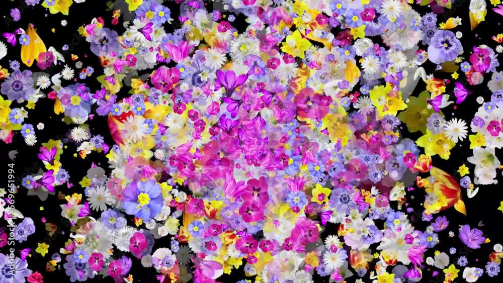 Explosion of isolated colorful spring flowers. Overlay. Black background. 59,94fps