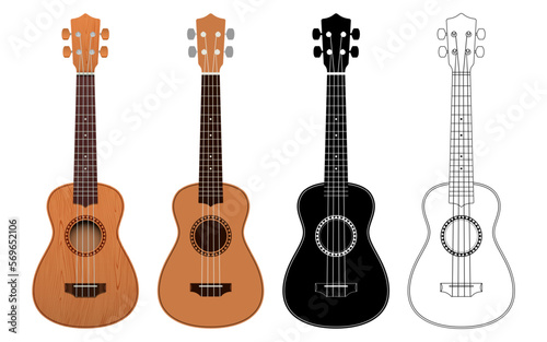 Vector set of Ukulele guitars, in realistic, flat color, black silhouette and outline versions.