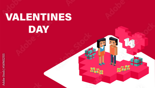 Valentine day concept. Red pixel heart flower with sweet couple on honeymoon vacation summer holidays romance. Love isometric concept. Happy Valentines Day 14. Love, honesty, romantic, relationship