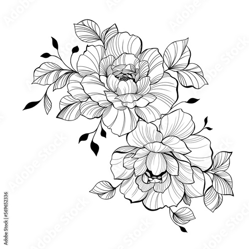 Composition of peonies with leaves. Technique - black and white graphic. Outl...