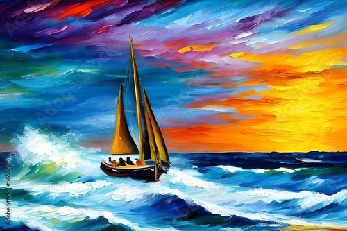 Ship sailing on the sea at sunset