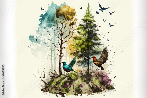 Forest scene with birds and flowers