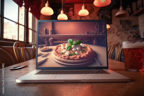 laptop on a restaurant table with a pizza on the screen, concept of ordering food online, generative ai