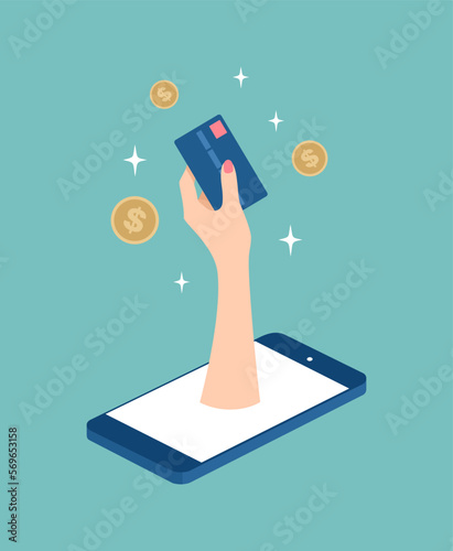 Hand with credit card coming out of lying isometric smartphone and gold coins around. Mobile banking or online shopping concept. Vector illustration