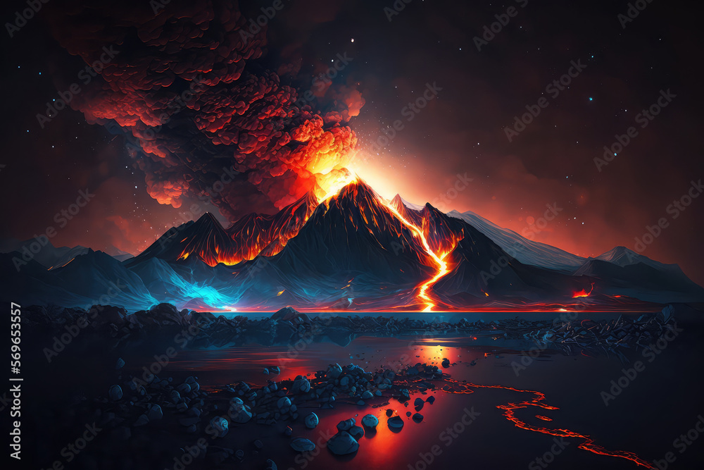 Night landscape with volcano and burning lava. Volcano eruption, fantasy landscape. 3D illustration. (ai generated)