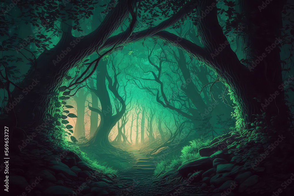 Fantasy forest landscape with stone ruins and bizarre vegetation at a beautiful sunset. Ancient stone fantasy magic portal. Green dense forest with sun rays. 3D (ai generrated) Fantasy forest landscape with stone ruins and bizarre vegetation at a beautiful sunset. Ancient stone fantasy magic portal. Green dense forest with sun rays. 3D (ai generrated)