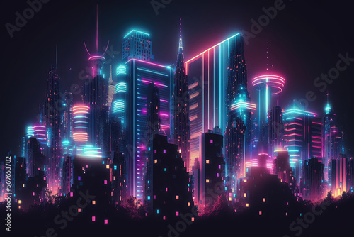 Neon night city of the future. Night panorama of the city, neon light, lights of a large metropolis, high-rise buildings. 3D illustration (ai generated)