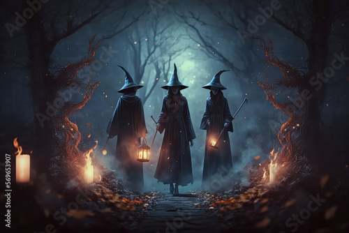 A gloomy dramatic background, witches in black cloaks perform a ritual in a dark gloomy forest. Background for Halloween holiday, witchcraft. 3D illustration (ai generated)