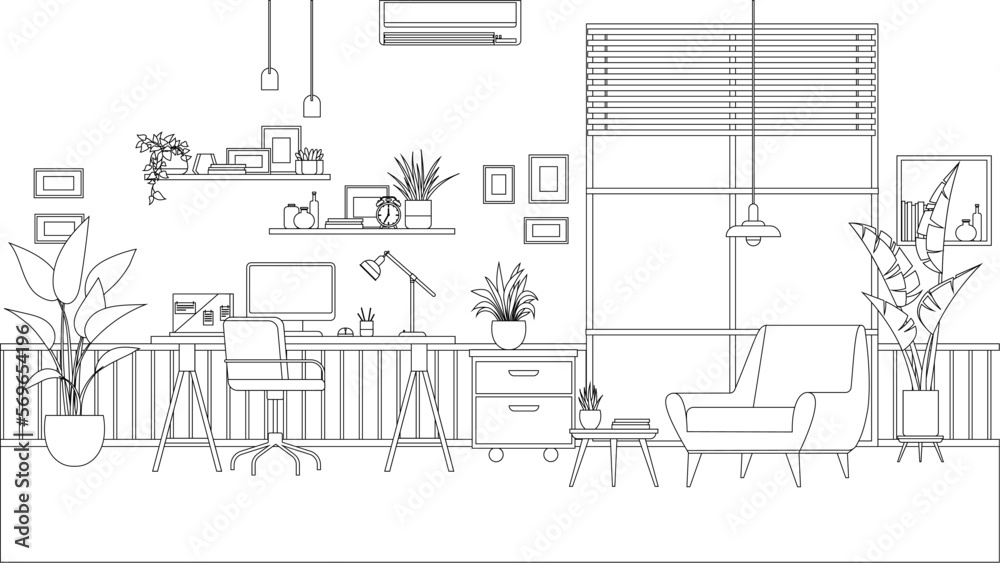 Modern home office interior line art style. Workplace with desk, chair, computer and potted plants. Empty working place with furniture. Interior for freelancer. Work table with chair, coloring book