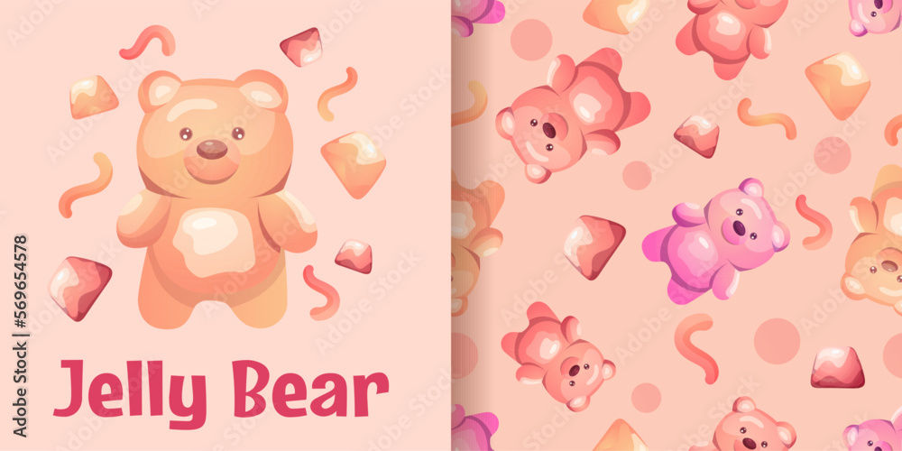 Fototapeta premium Jelly Bear Seamless Pattern in pink colors for Saint Valentine's day decor or wrapping paper with various, worms, candies and sweets. Vector illustration