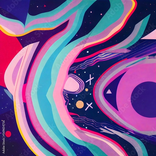 Space landscape, vintage poster style, cosmic miasma, Pop Art, Abstract, Crazy, and Psychedelic Background Generative AI