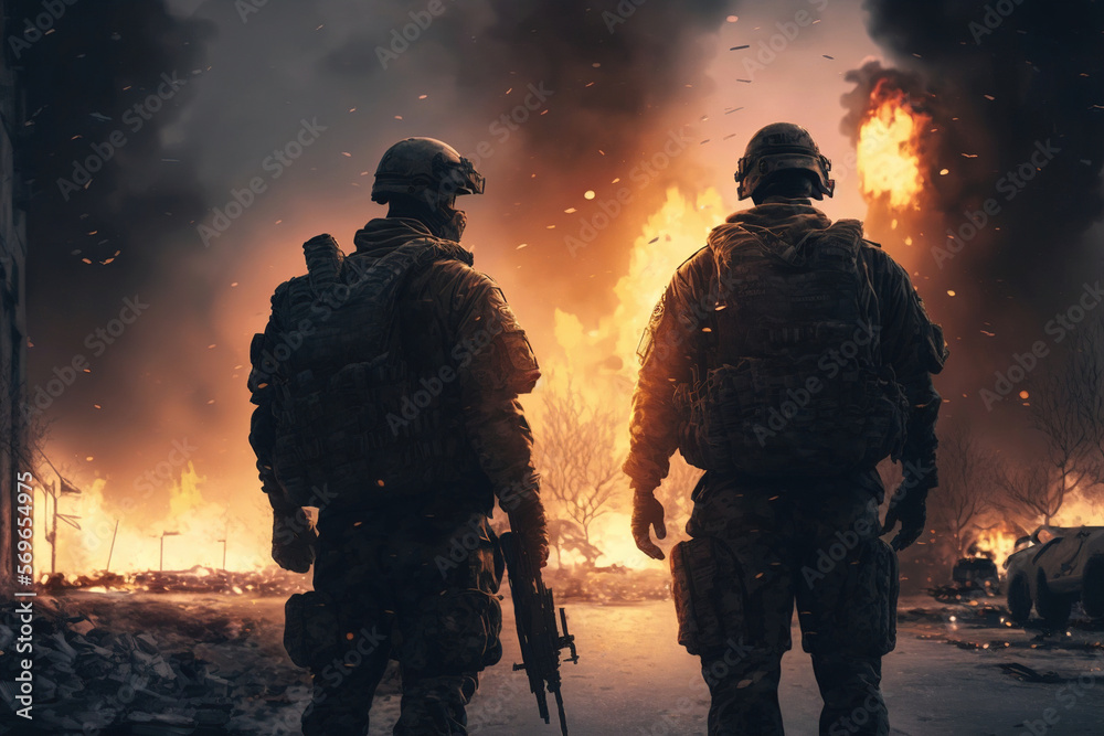 Soldiers looked at a destroyed and burning city, war zone, Generative AI Soldiers looked at a destroyed and burning city, war zone, Generative AI