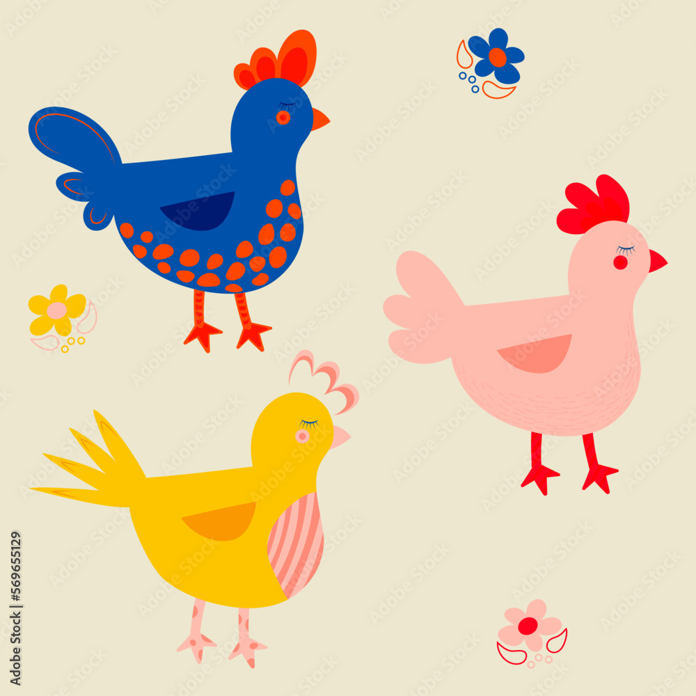 Vector cartoon chick character hen and rooster. Chicken family made in simple doodle style