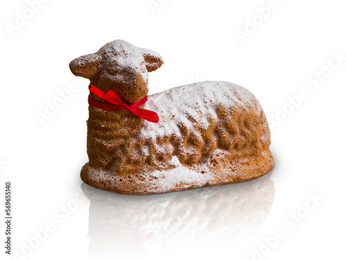 Baking Easter lamb with a red ribbon around its neck. The Lamb of God. Isolated object on a white background. Family traditions for Easter