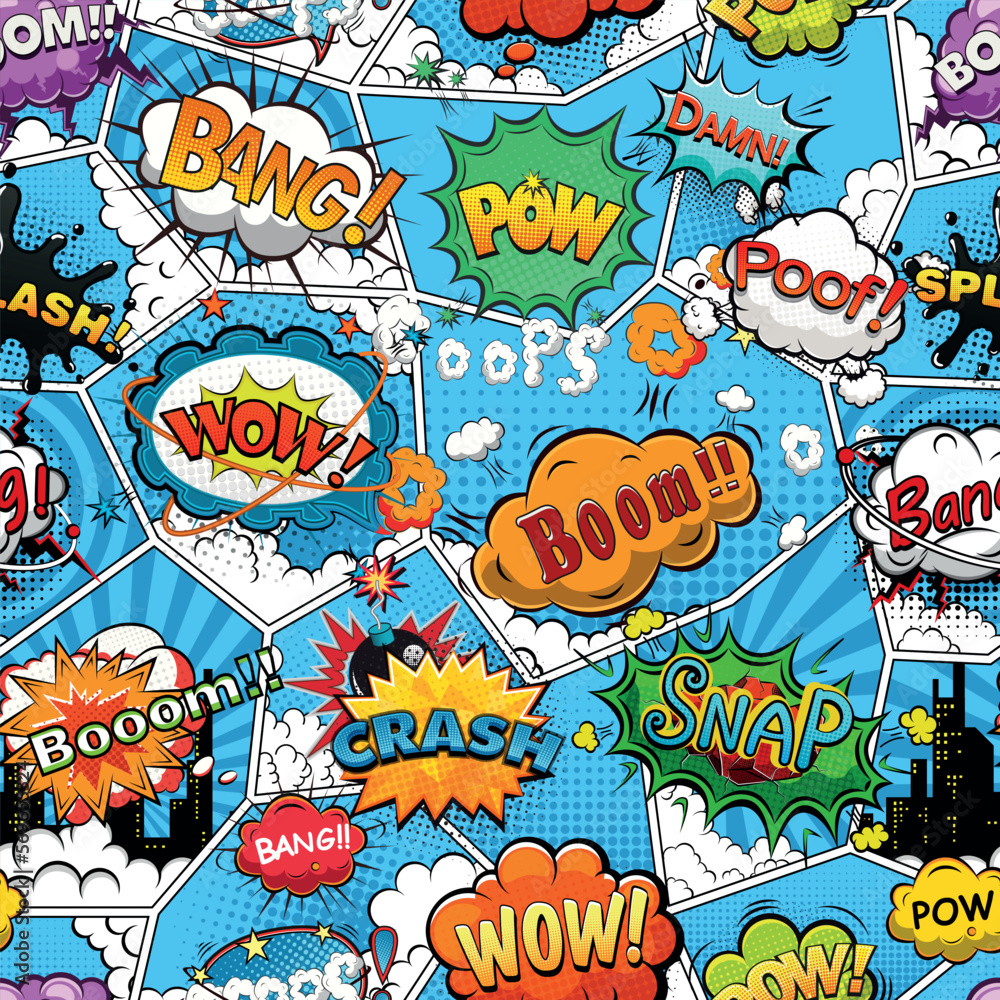 Obraz premium Comic book page divided by lines seamless pattern on blue background with speech bubbles. Vector illustration 