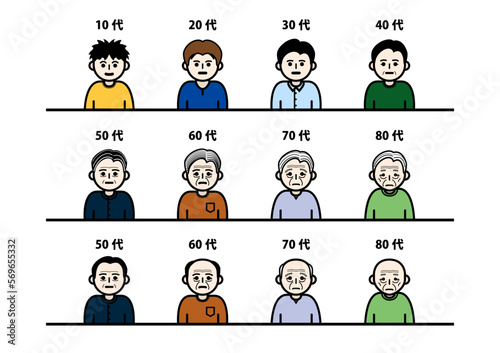 同一人物の男性が10歳から80歳に至るまでのイラストセット。年齢別で白髪と薄毛の2パターンの老い方。ジェネレーションギャップ素材。