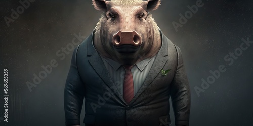 Portrait of a Giant Forest Hog in a Business Suit, Ready for Action. GENERATED AI.