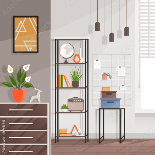 Living room interior, home decor, decoration of apartment or office. Modern cozy and stylish cabinet with furniture and scenical items. Lounge with decorative shelves and commode, pictures on wall