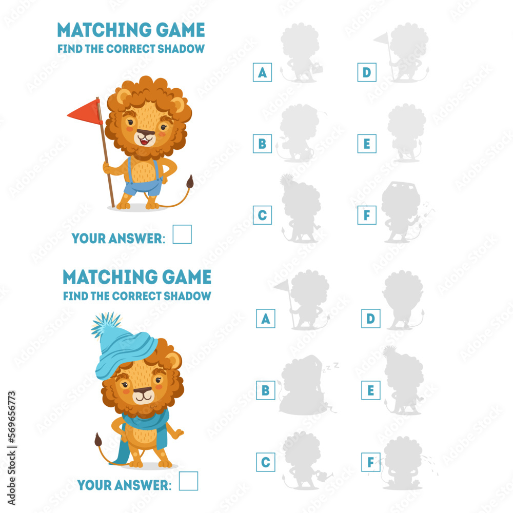 Fototapeta premium Find correct shadow matching game. Educational logic games for kids with cute lion animal. Card with task for preschool and kindergarten children cartoon vector
