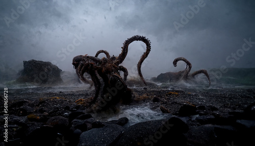 Horror, sea ​​shore with giant octopus, fantasy image, nightmare, sunset beach with sea monster, created with Generative AI technology