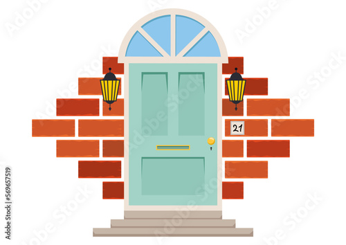 Front Door Clipart Vector With Outdoor Light Fixture And Brick Wall