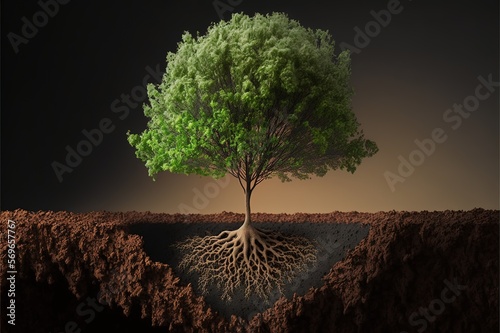Green tree with brown roots