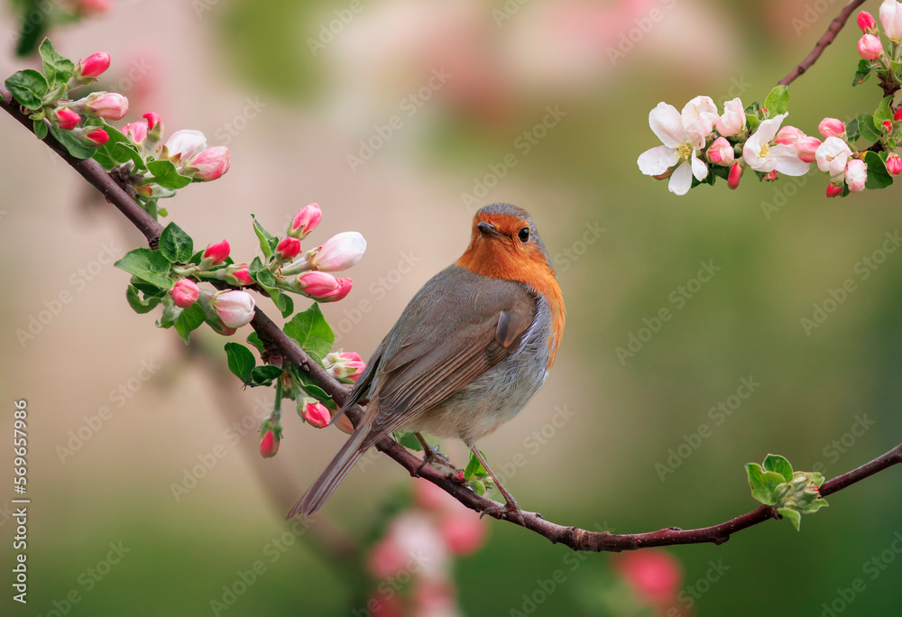 a robin bird is sitting in a sunny spring garden on a branch of an apple tree with pink flowers - obrazy, fototapety, plakaty 