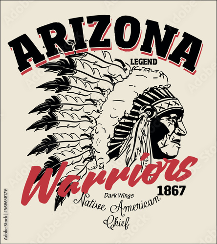 Indian warrior, fighting club vector t-shirt print mockup template. Wild West, American Cherokee or Apache Indian chief head in eagle feather headdress and warrior arrow, fight club t-shirt print