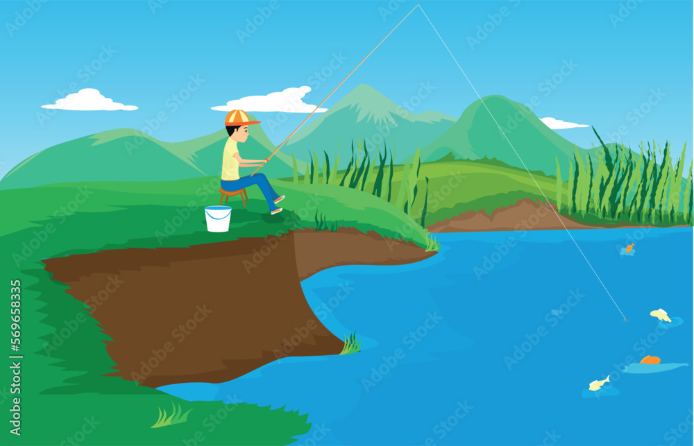 boy fishing on the lake and he is funny boy fishing on the lake and he is funny