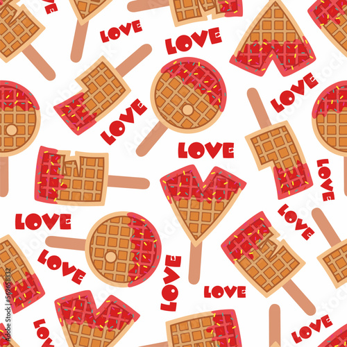 Sweet food and dessert food, vector illustration of golden brown homemade corn dog or hot dog waffle in various flavors decorations and dark chocolate on seamless background. Love word. Valentines day