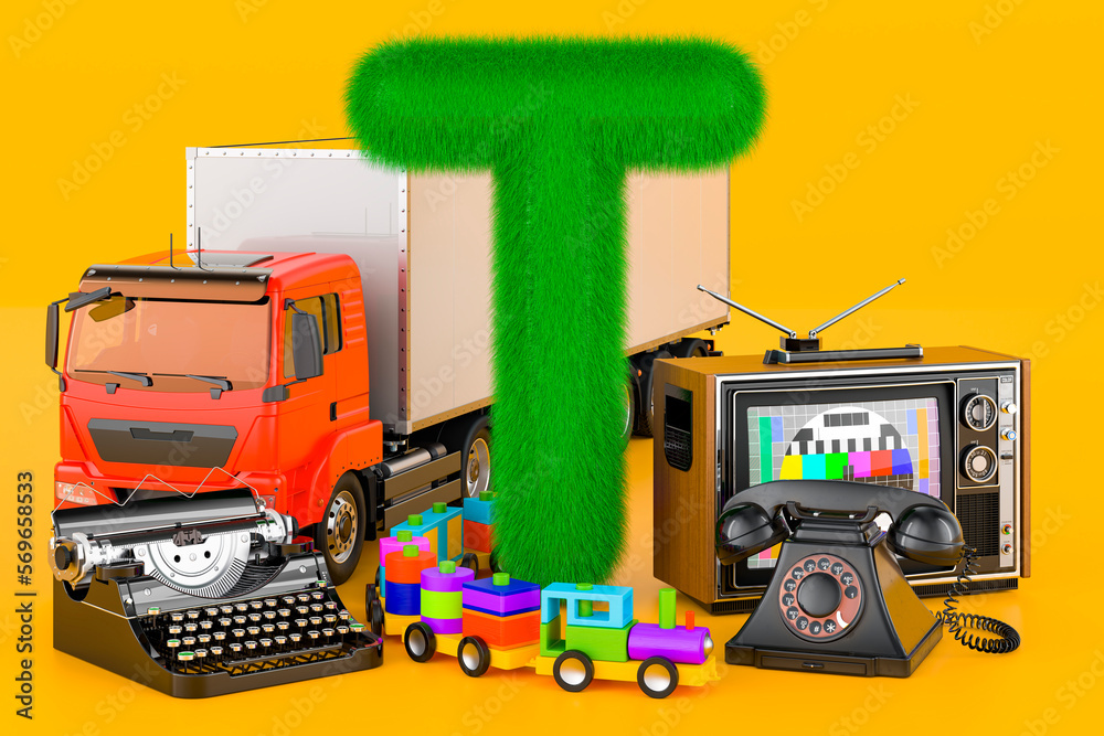 Fluffy letter T with telephone, train, truck, typewriter, TV set. Kids ABC, 3D rendering