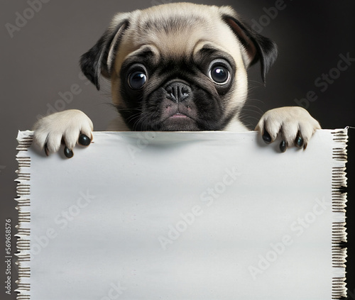 Pug puppy holds a sign for you to write your message