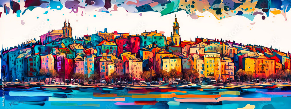 Generative AIIsolated panorama of a colorful city near the sea. Cityscape oil painting. Art to print. Generative AI