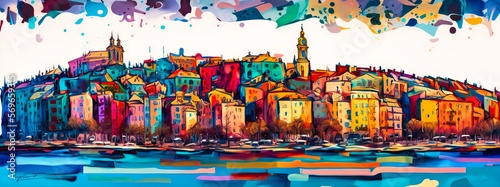 Generative AIIsolated panorama of a colorful city near the sea. Cityscape oil painting. Art to print. Generative AI © Matyfiz