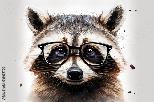 A adorable and humorous portrait of a raccoon wearing glasses is displayed alone on a white backdrop. Generative AI © 2rogan