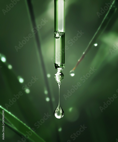 Cosmetic pipette with drop close-up on a natural blurred background