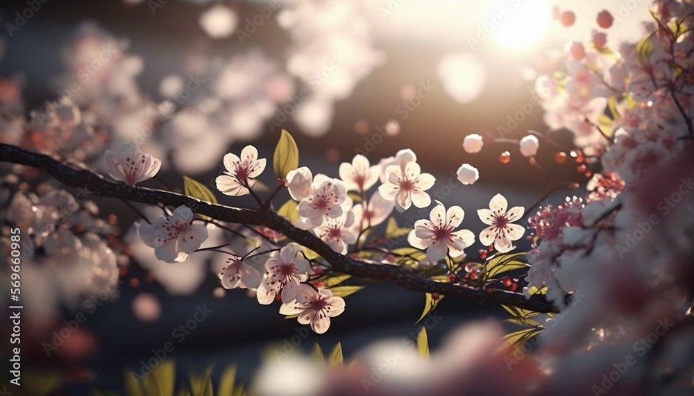 Blossoming branches of cherry, sakura in the spring, sunlight