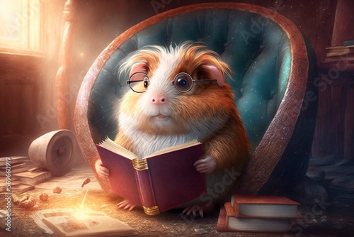 Cunning guinea pig sits in a leather armchair and reads a book with glasses  photo