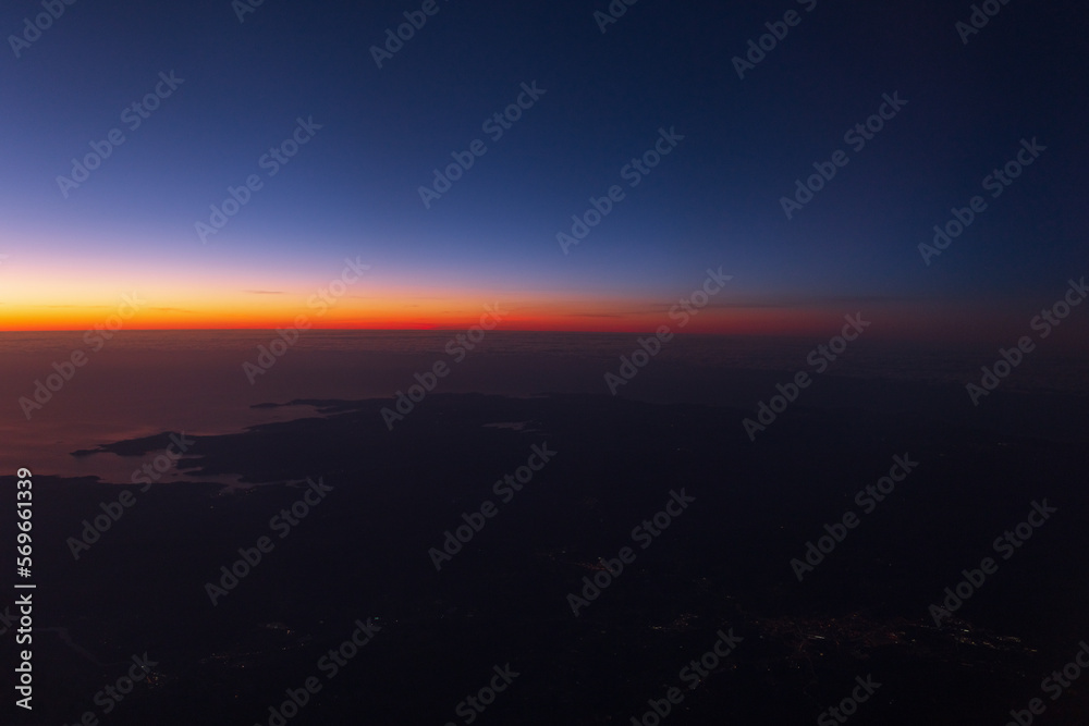 Beautiful dark colored sky after sunset from above. Amazing sky view