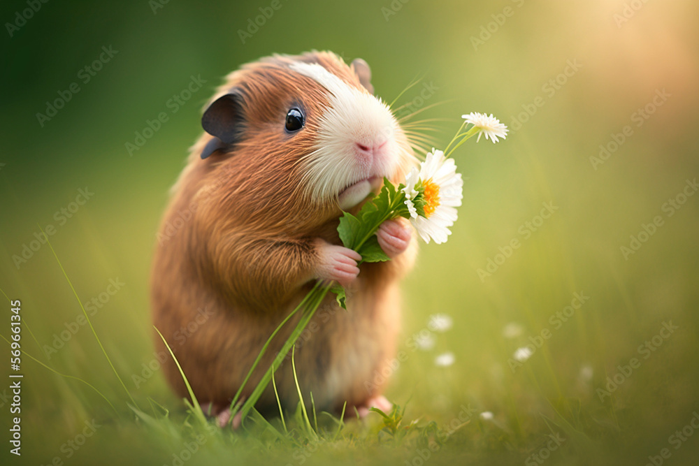 Cute guinea pig on green meadow with daisies in paws Cute guinea pig on green meadow with daisies in paws