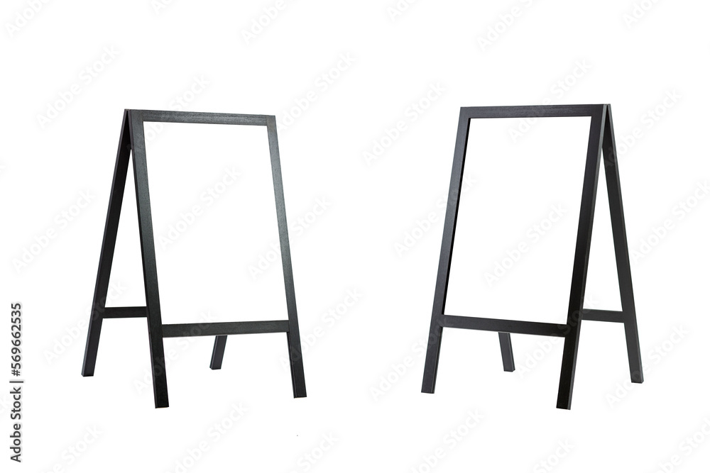 Floor flipcharts with black legs with screens isolated on white facing each other. Training, presentations and business meetings. Vertical. Space for text.