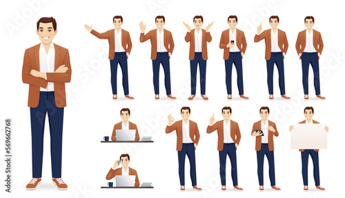 Handsome business young in casual clothes. Different poses set. Various gestures male character standing and sitting at the desk isolated vector illustration