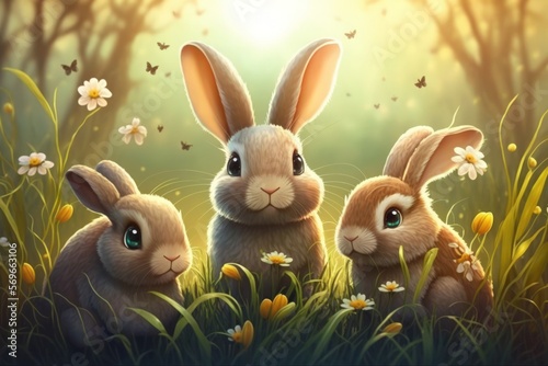 Rabbits. Cute little Easter bunny in the Meadow Beautiful Artwork Design. Green Grass with Spring Flowers Sunbeams. Generative AI