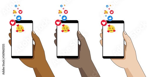 Need to add a phone to your advert? Download this set of hand illustrations, featuring three different skin types and a mix of positive emojis. 