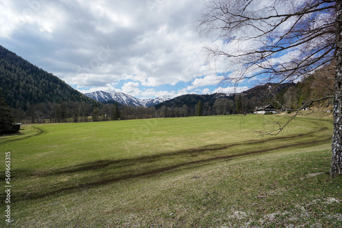 Meadow at Erlauf Lake in Lower Austria and Styria. Beautiful bathing lake near place of pilgrimage Mariazell	 photo