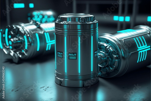 Futuristic metallic storage canisters on factory floor (Generative AI) (ID: 569663340)