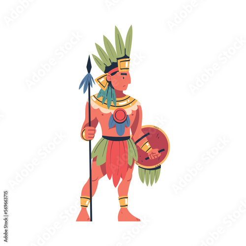 Maya male warrior in traditional costume and feather headdress standing with spear and shield cartoon vector illustration
