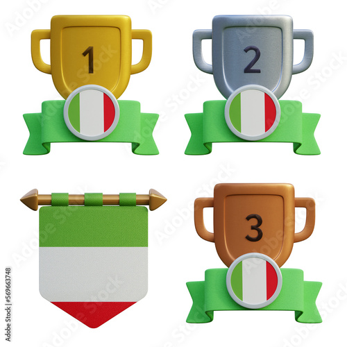 3d render, transparent game asset, pennant with national flag of Italy winner podium