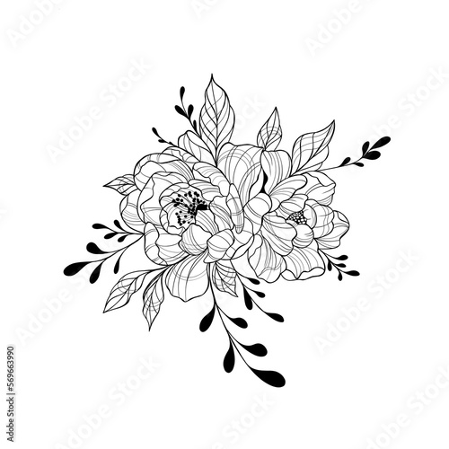 Composition of peonies with leaves. Technique - black and white graphics. Out...